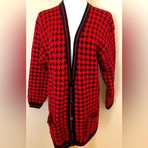 Houndstooth red black sweater Vintage cardigan sweater houndstooth red V neck